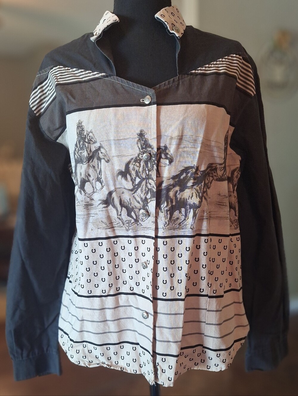Vintage Roper Horse Print Western Cowgirl Button Up Shirt L